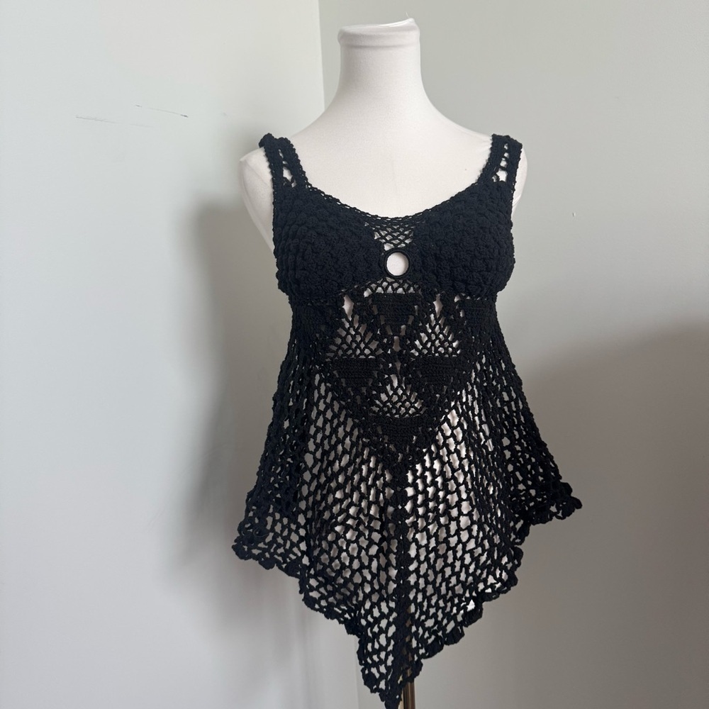 Crochet Whimsigoth Lace Tank Top – Black Hand-Knit Boho Mesh Fairycore S/M - Picture 3 of 4